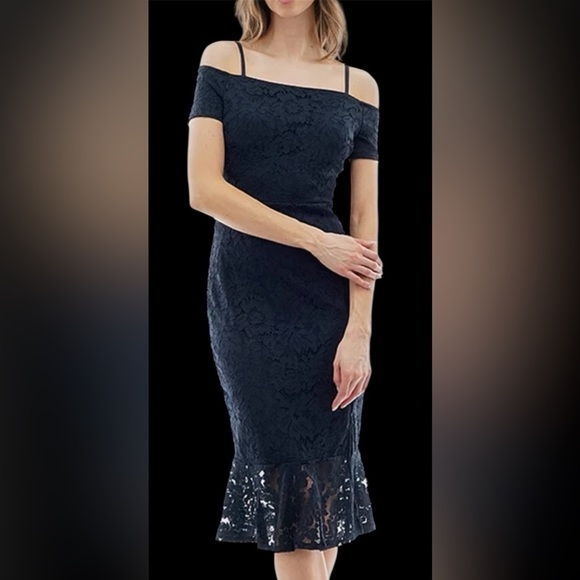 Costa Blanca Elegant Navy Lace off shoulder midi Dress - Picture 1 of 17